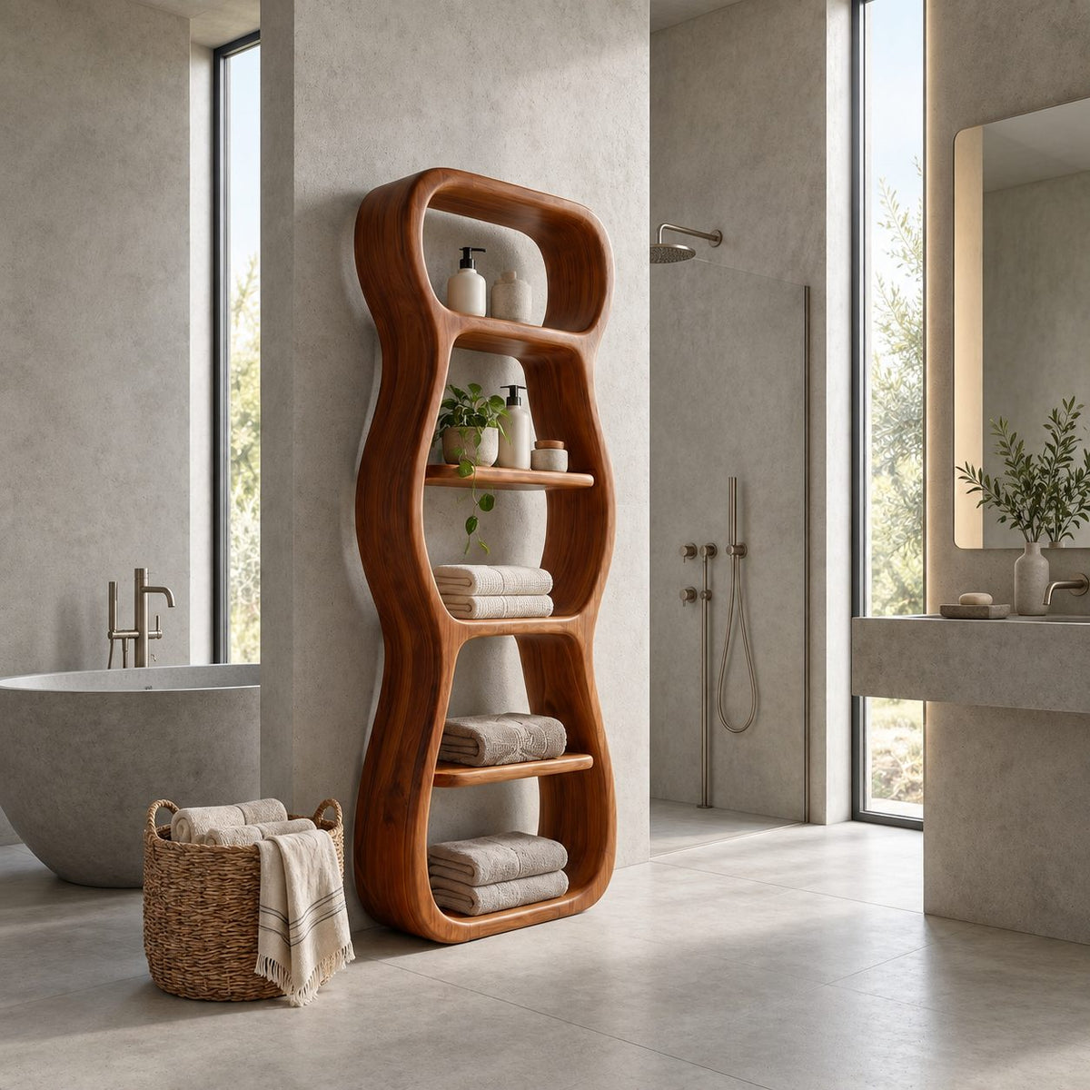 Wavy Outline Bathroom Shelf Tower, Curvy Open Freestanding Solid Wood Towel Storage Unit