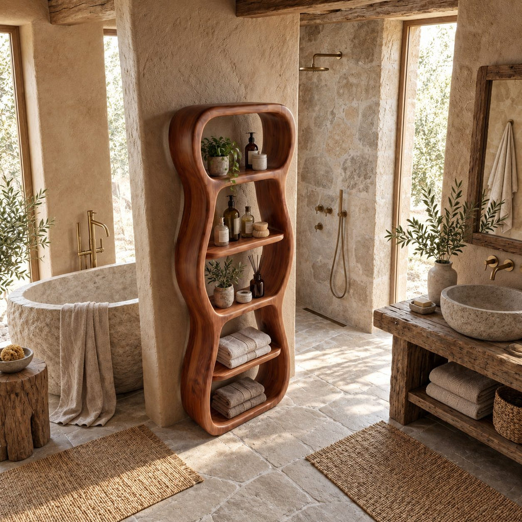Wavy Outline Bathroom Shelf Tower, Curvy Open Freestanding Solid Wood Towel Storage Unit