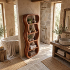 Wavy Outline Bathroom Shelf Tower, Curvy Open Freestanding Solid Wood Towel Storage Unit
