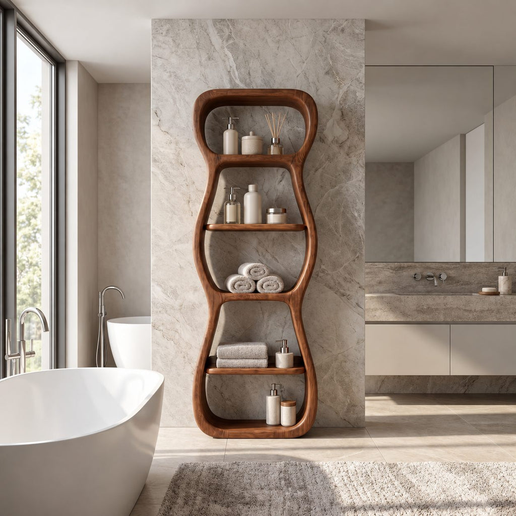 Wavy Outline Bathroom Shelf Tower, Curvy Open Freestanding Solid Wood Towel Storage Unit