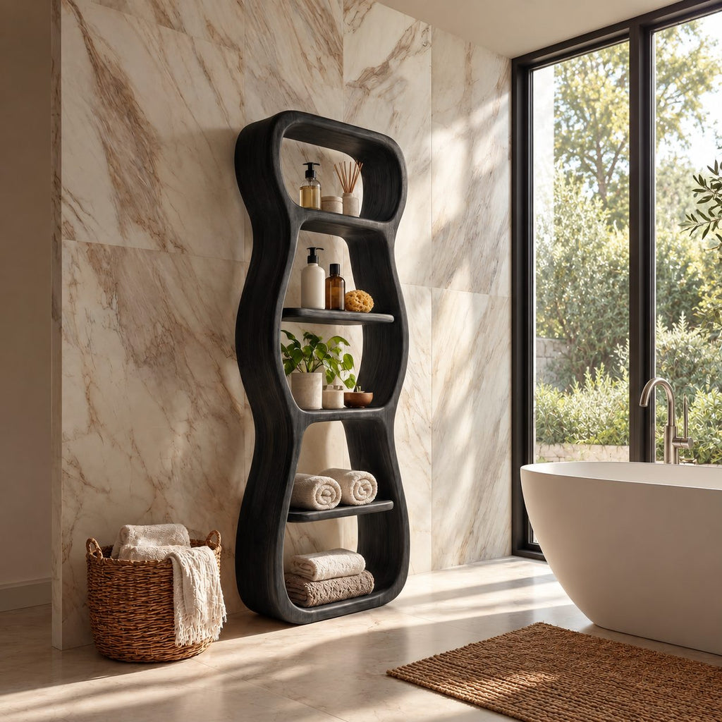 Wavy Outline Bathroom Shelf Tower, Curvy Open Freestanding Solid Wood Towel Storage Unit
