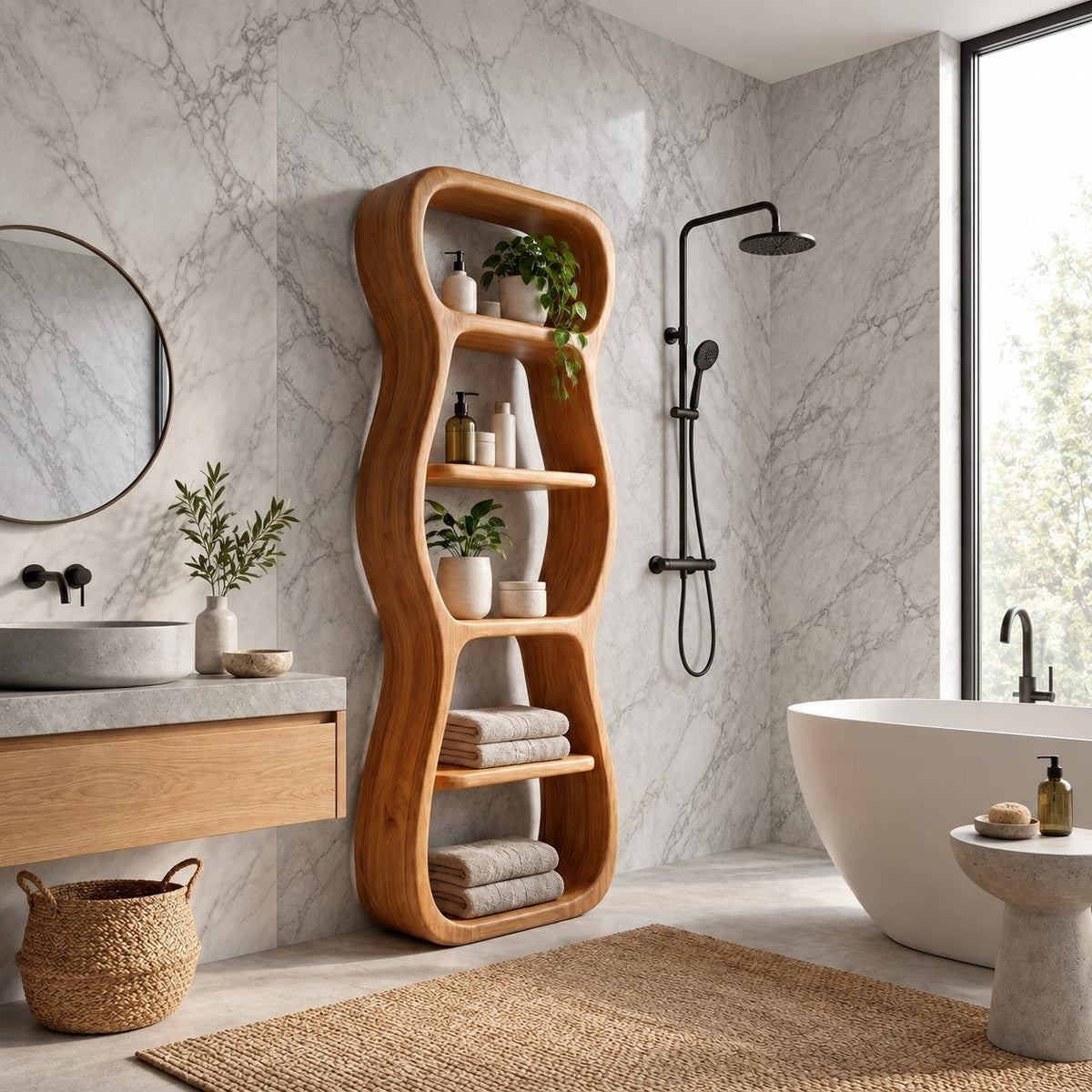 Wavy Outline Bathroom Shelf Tower, Curvy Open Freestanding Solid Wood Towel Storage Unit