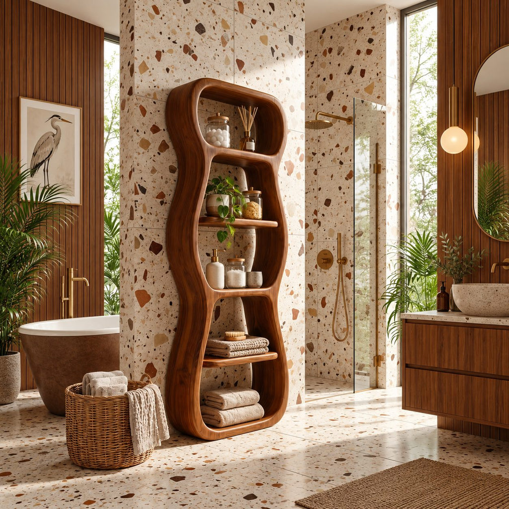 Wavy Outline Bathroom Shelf Tower, Curvy Open Freestanding Solid Wood Towel Storage Unit
