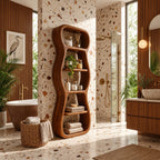 Wavy Outline Bathroom Shelf Tower, Curvy Open Freestanding Solid Wood Towel Storage Unit