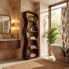 Wavy Outline Bathroom Shelf Tower, Curvy Open Freestanding Solid Wood Towel Storage Unit