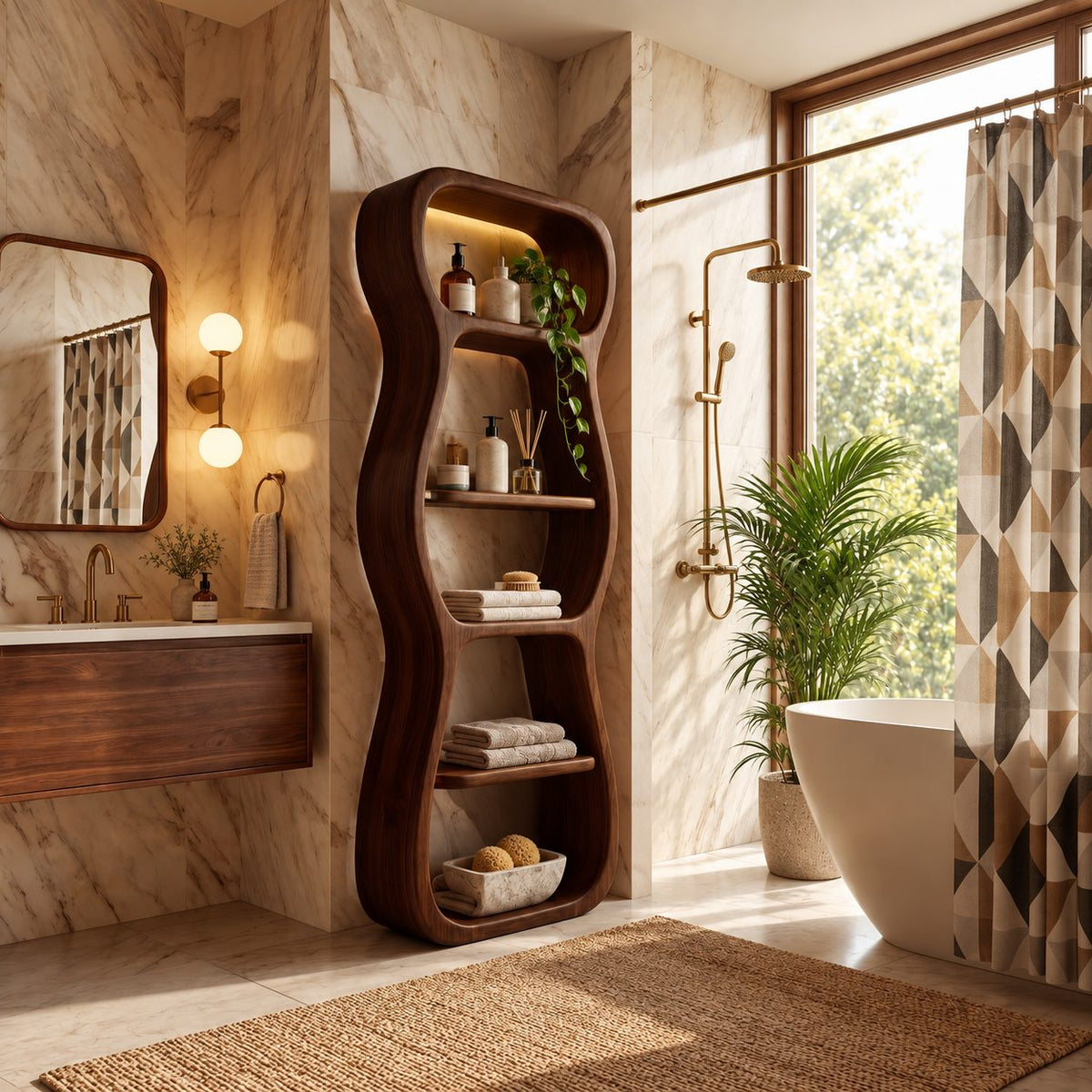 Wavy Outline Bathroom Shelf Tower, Curvy Open Freestanding Solid Wood Towel Storage Unit