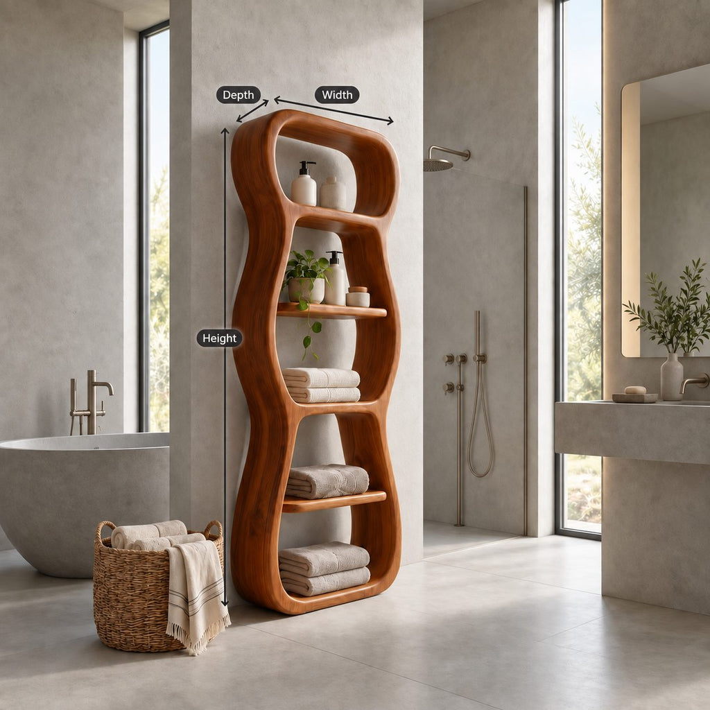 Wavy Outline Bathroom Shelf Tower, Curvy Open Freestanding Solid Wood Towel Storage Unit
