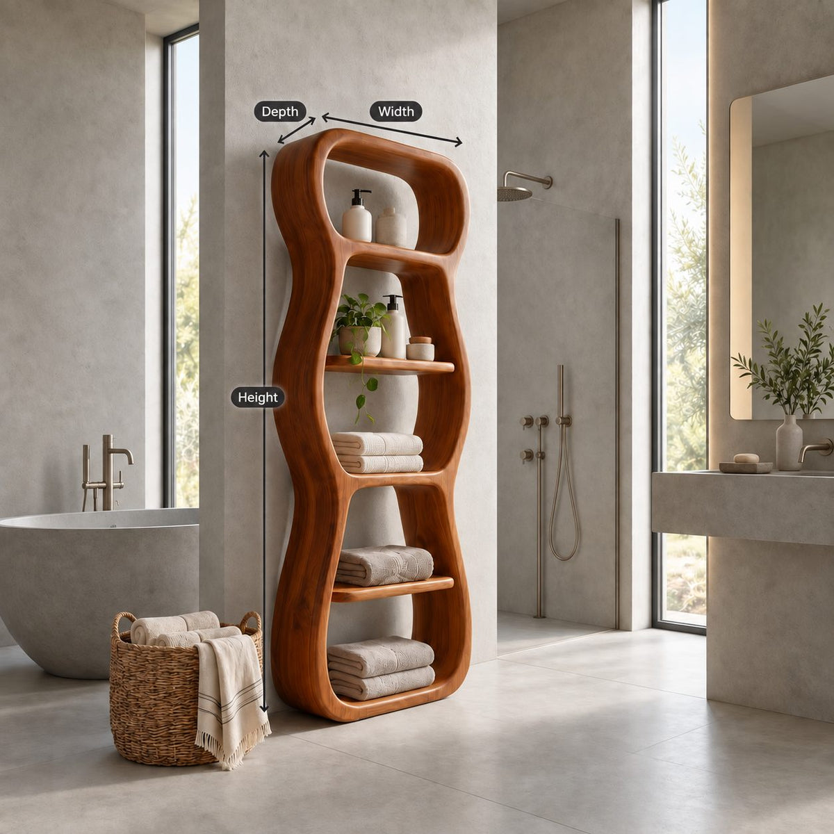 Wavy Outline Bathroom Shelf Tower, Curvy Open Freestanding Solid Wood Towel Storage Unit