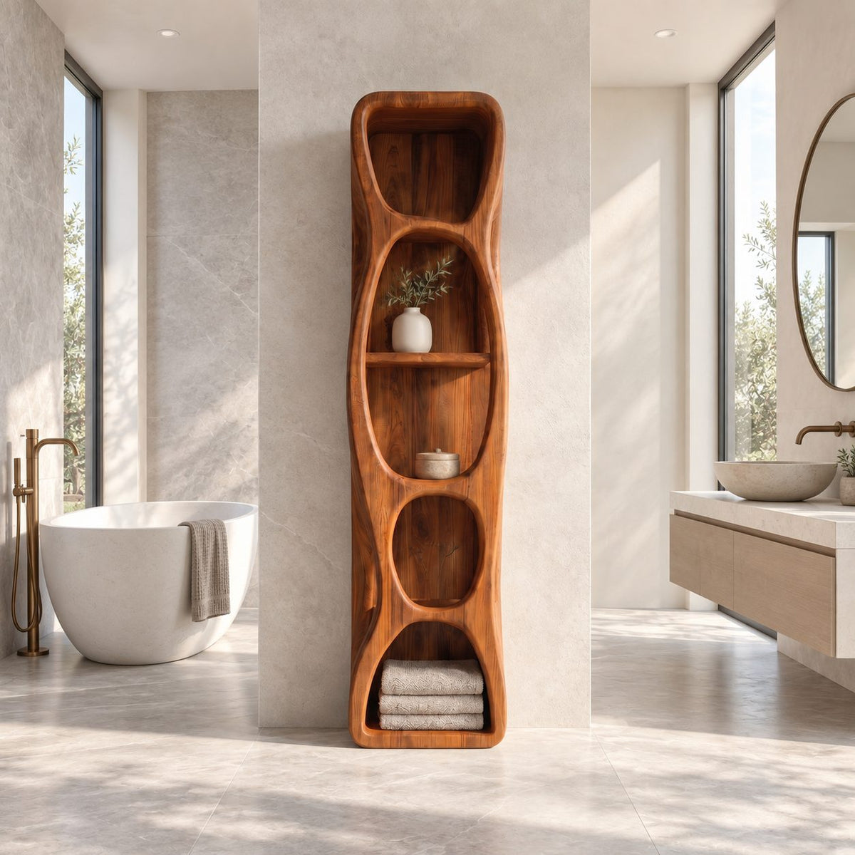 Hollow Cutout Sculptural Bathroom Shelf Tower with Oval Openings, Open Solid Wood Towel Storage