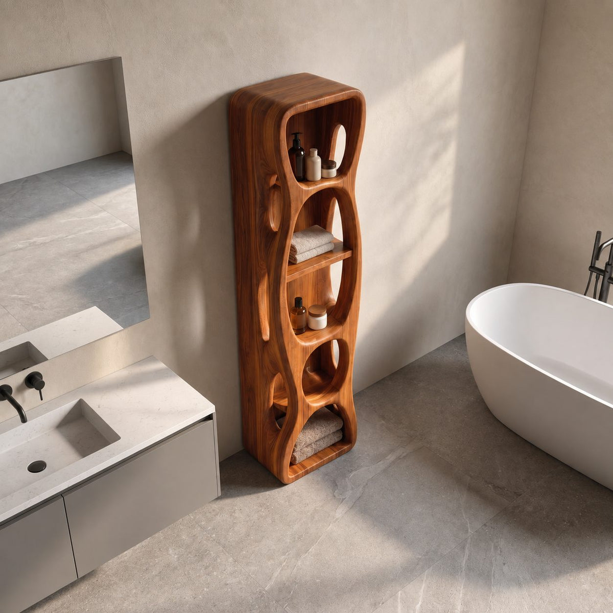 Hollow Cutout Sculptural Bathroom Shelf Tower with Oval Openings, Open Solid Wood Towel Storage