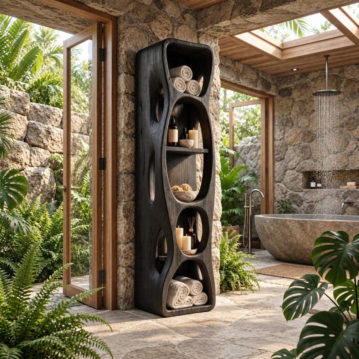 Hollow Cutout Sculptural Bathroom Shelf Tower with Oval Openings, Open Solid Wood Towel Storage