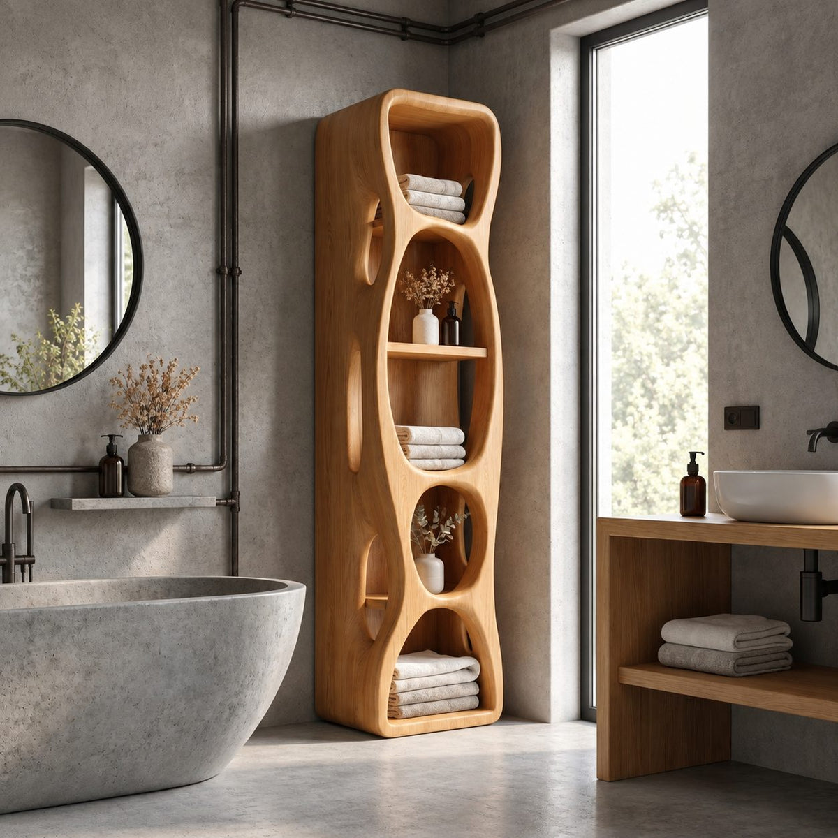 Hollow Cutout Sculptural Bathroom Shelf Tower with Oval Openings, Open Solid Wood Towel Storage