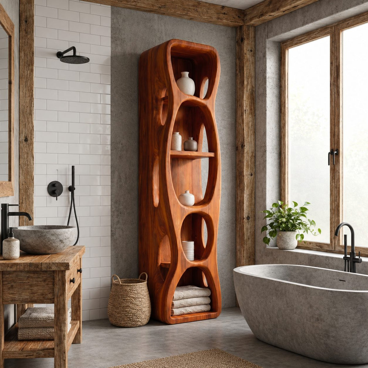 Hollow Cutout Sculptural Bathroom Shelf Tower with Oval Openings, Open Solid Wood Towel Storage