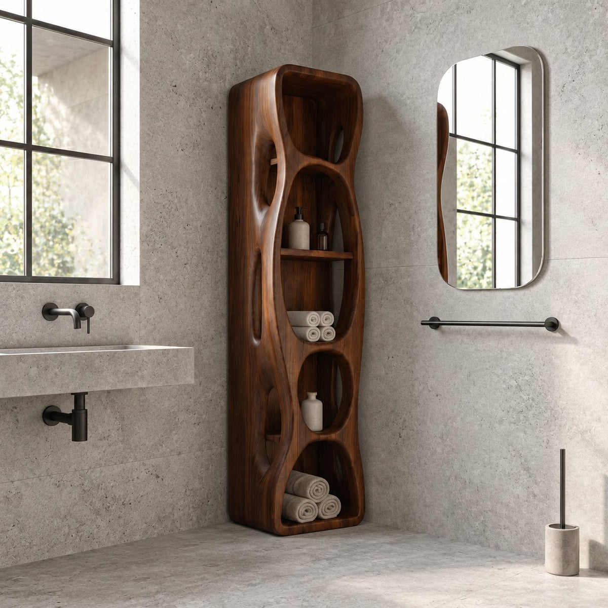 Hollow Cutout Sculptural Bathroom Shelf Tower with Oval Openings, Open Solid Wood Towel Storage