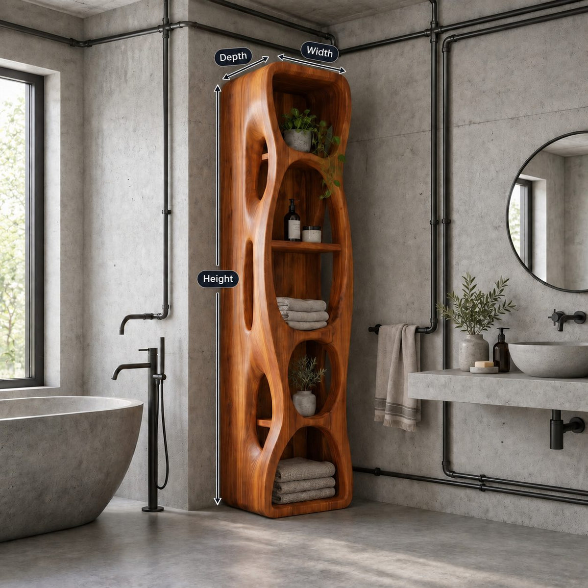 Hollow Cutout Sculptural Bathroom Shelf Tower with Oval Openings, Open Solid Wood Towel Storage
