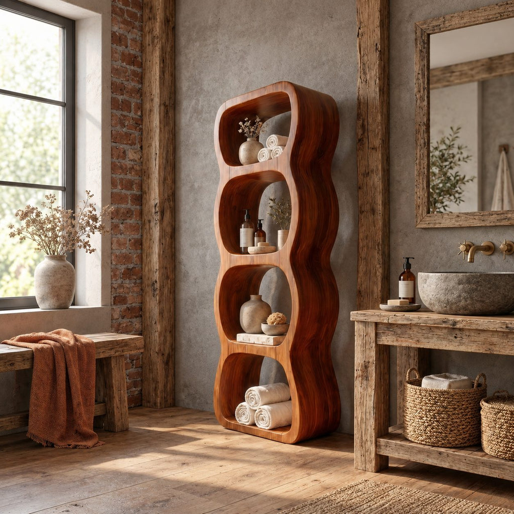 Wavy Cubby Bathroom Shelf Tower, Freestanding Solid Wood Open Storage with 4 Rounded Cubbies, 50-70 Inch