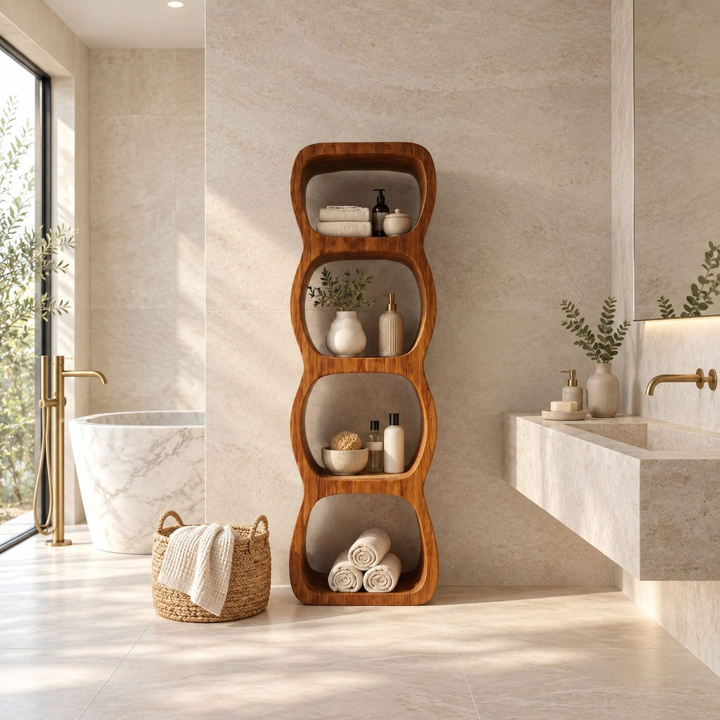 Wavy Cubby Bathroom Shelf Tower, Freestanding Solid Wood Open Storage with 4 Rounded Cubbies, 50-70 Inch