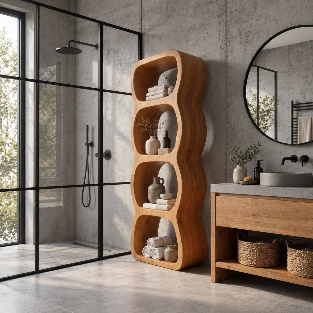 Wavy Cubby Bathroom Shelf Tower, Freestanding Solid Wood Open Storage with 4 Rounded Cubbies, 50-70 Inch