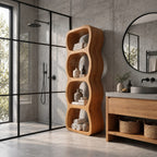 Wavy Cubby Bathroom Shelf Tower, Freestanding Solid Wood Open Storage with 4 Rounded Cubbies, 50-70 Inch