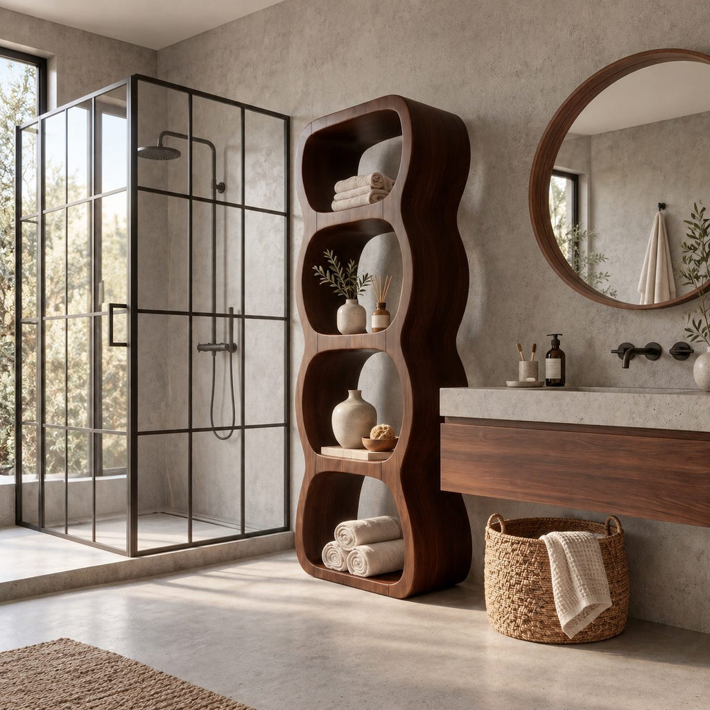 Wavy Cubby Bathroom Shelf Tower, Freestanding Solid Wood Open Storage with 4 Rounded Cubbies, 50-70 Inch