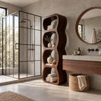Wavy Cubby Bathroom Shelf Tower, Freestanding Solid Wood Open Storage with 4 Rounded Cubbies, 50-70 Inch