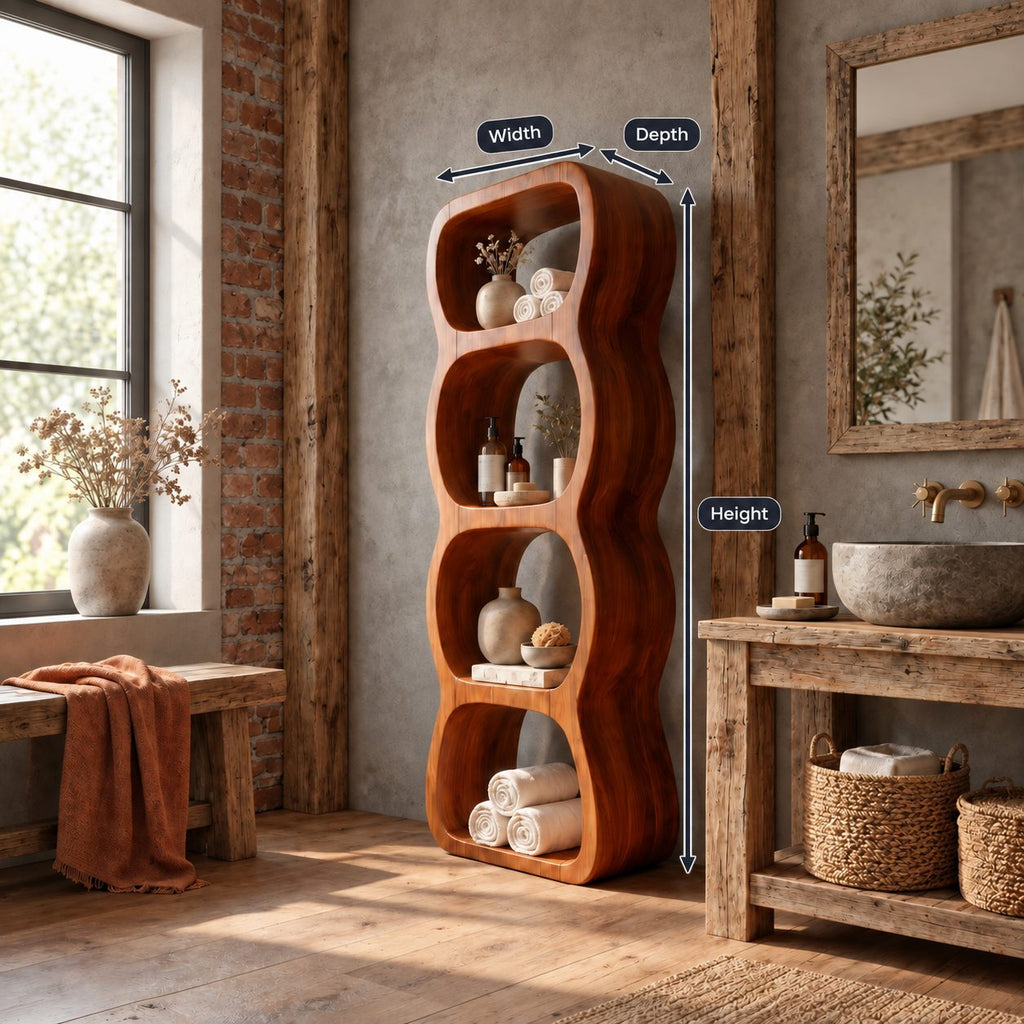 Wavy Cubby Bathroom Shelf Tower, Freestanding Solid Wood Open Storage with 4 Rounded Cubbies, 50-70 Inch