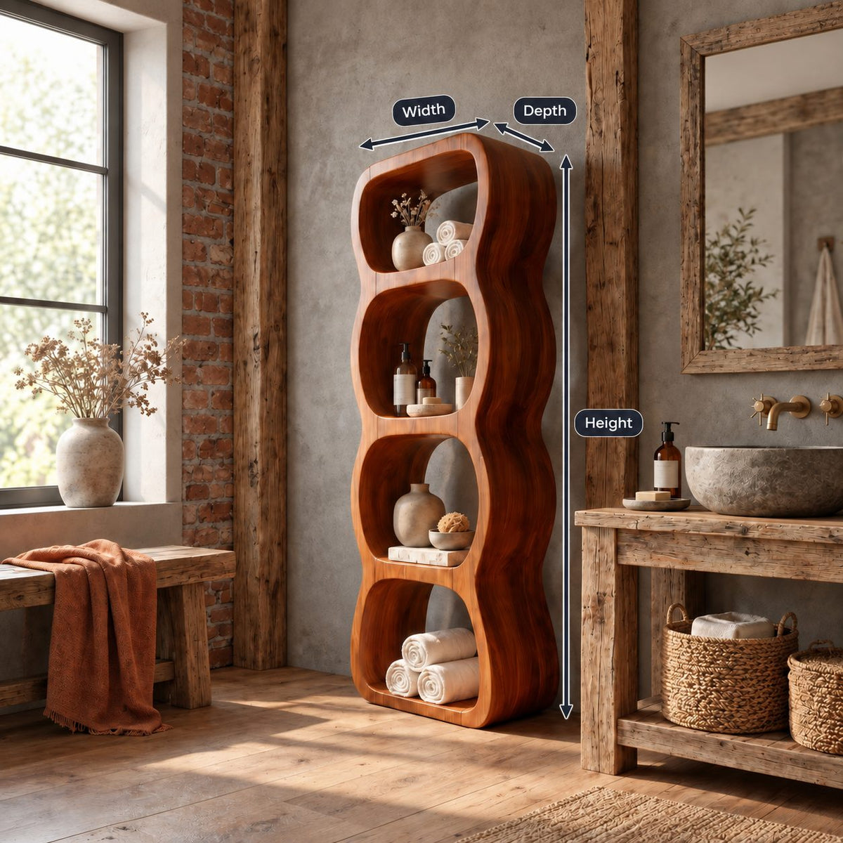 Wavy Cubby Bathroom Shelf Tower, Freestanding Solid Wood Open Storage with 4 Rounded Cubbies, 50-70 Inch