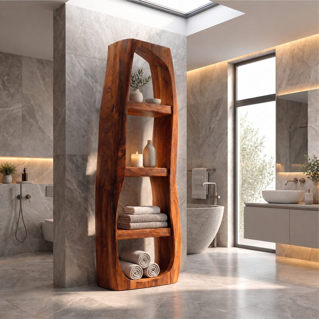 Arched Freeform Bathroom Shelf, Tall Freestanding Solid Wood Open Towel Shelf with 4 Tiers, 50-70 Inch