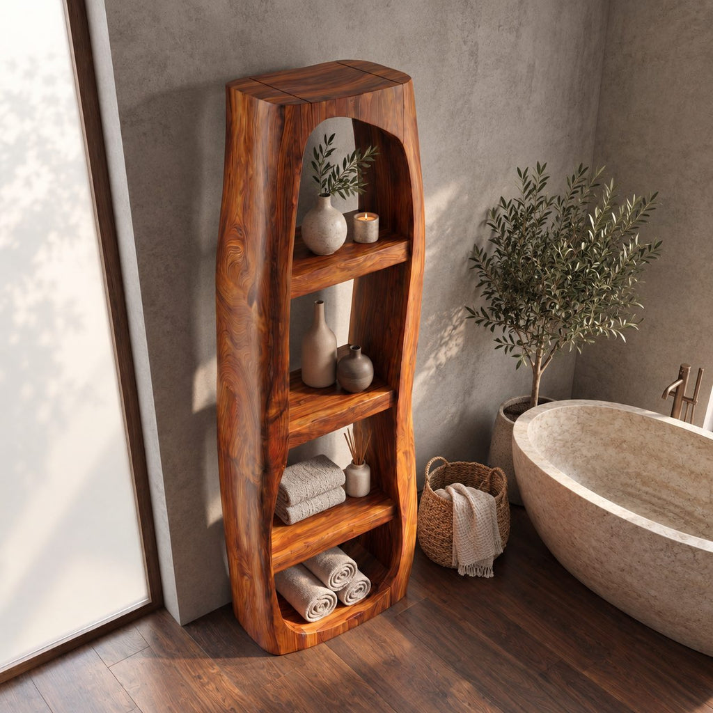 Arched Freeform Bathroom Shelf, Tall Freestanding Solid Wood Open Towel Shelf with 4 Tiers, 50-70 Inch