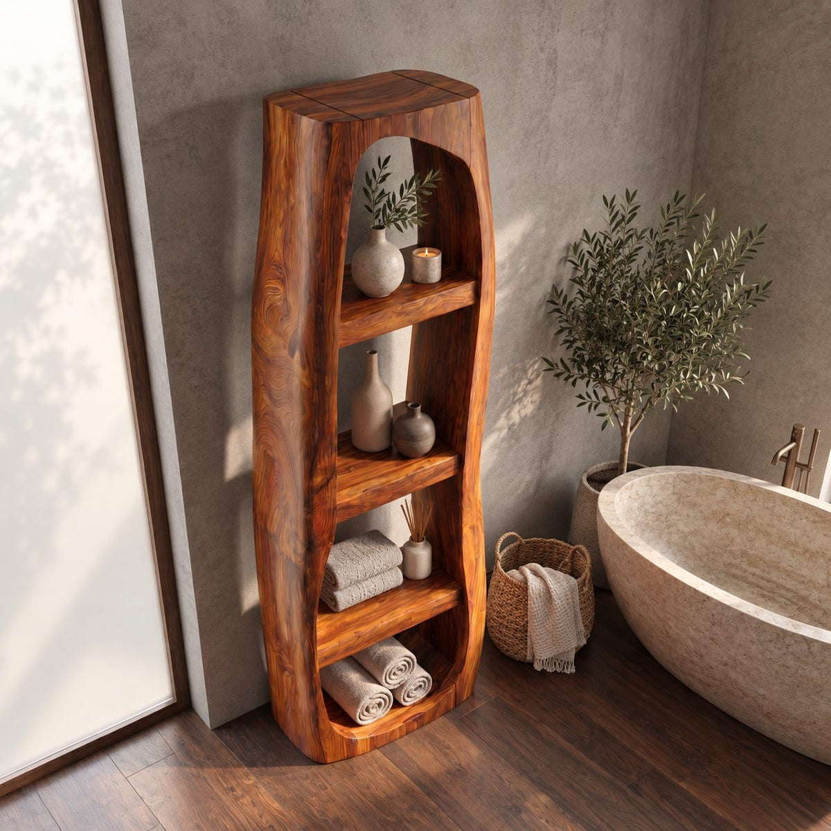 Arched Freeform Bathroom Shelf, Tall Freestanding Solid Wood Open Towel Shelf with 4 Tiers, 50-70 Inch