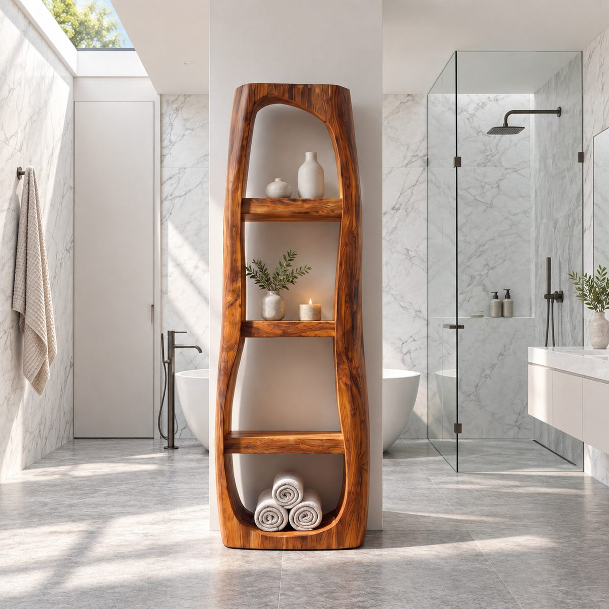 Arched Freeform Bathroom Shelf, Tall Freestanding Solid Wood Open Towel Shelf with 4 Tiers, 50-70 Inch