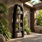 Arched Freeform Bathroom Shelf, Tall Freestanding Solid Wood Open Towel Shelf with 4 Tiers, 50-70 Inch