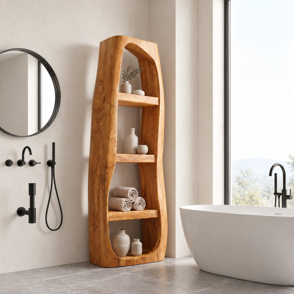 Arched Freeform Bathroom Shelf, Tall Freestanding Solid Wood Open Towel Shelf with 4 Tiers, 50-70 Inch