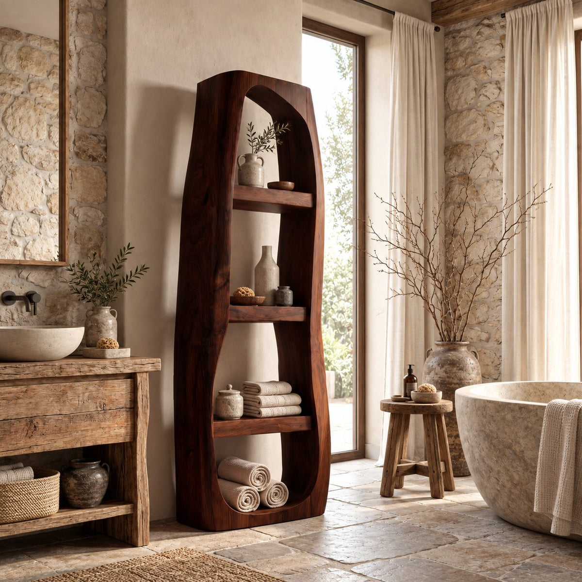 Arched Freeform Bathroom Shelf, Tall Freestanding Solid Wood Open Towel Shelf with 4 Tiers, 50-70 Inch
