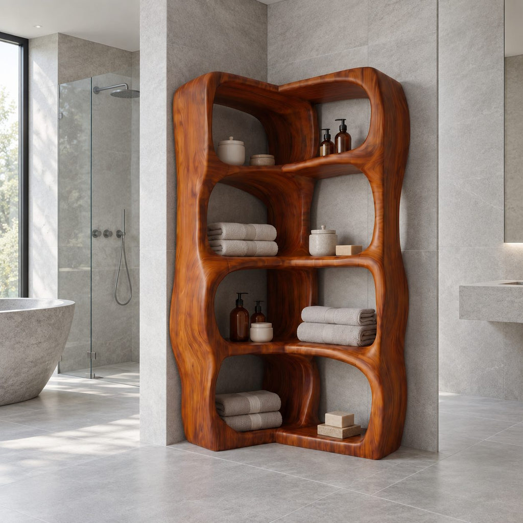 L-Shaped Corner Bathroom Shelf, Sculptural Wavy Solid Wood Freestanding Corner Tower with 4 Tiers