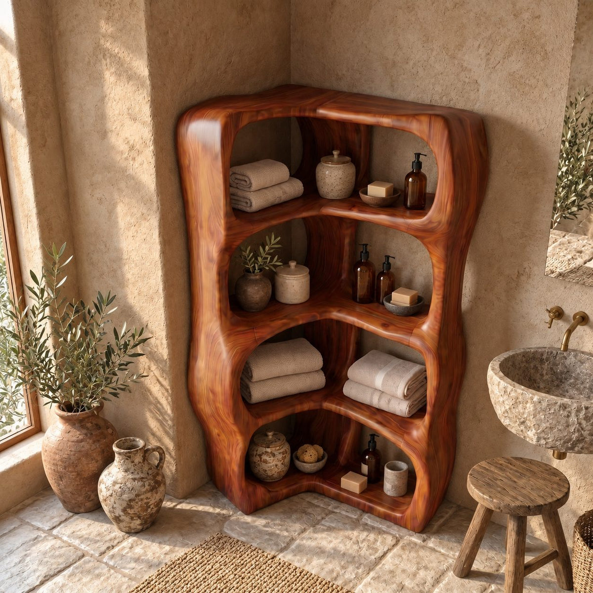 L-Shaped Corner Bathroom Shelf, Sculptural Wavy Solid Wood Freestanding Corner Tower with 4 Tiers