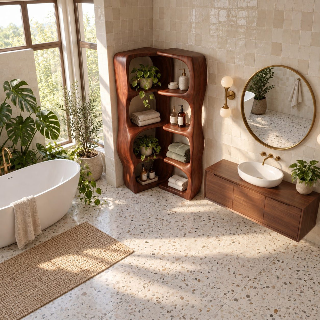 L-Shaped Corner Bathroom Shelf, Sculptural Wavy Solid Wood Freestanding Corner Tower with 4 Tiers
