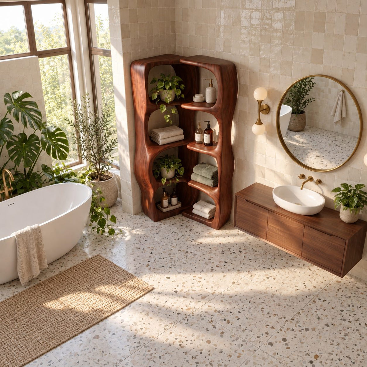 L-Shaped Corner Bathroom Shelf, Sculptural Wavy Solid Wood Freestanding Corner Tower with 4 Tiers