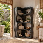 L-Shaped Corner Bathroom Shelf, Sculptural Wavy Solid Wood Freestanding Corner Tower with 4 Tiers