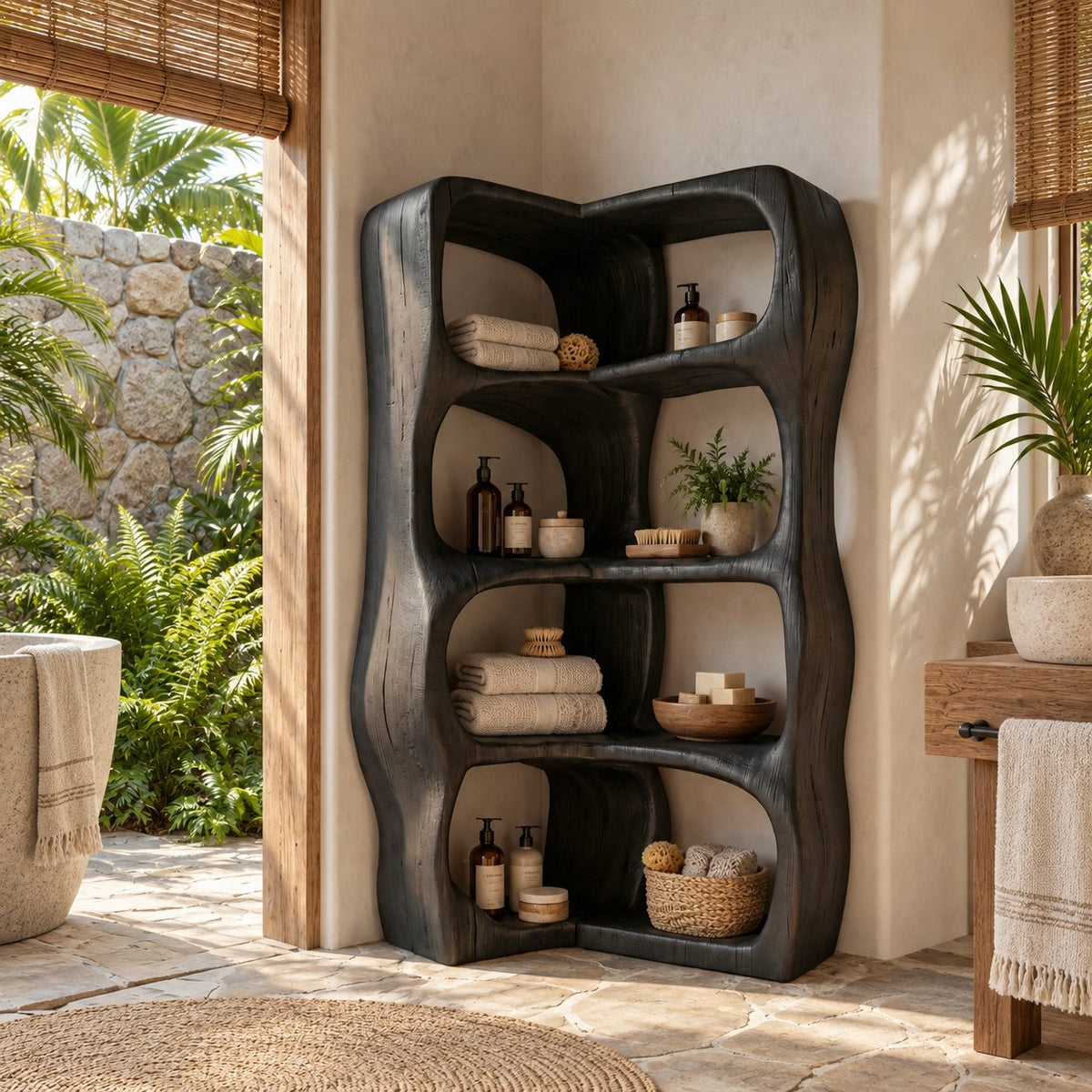 L-Shaped Corner Bathroom Shelf, Sculptural Wavy Solid Wood Freestanding Corner Tower with 4 Tiers