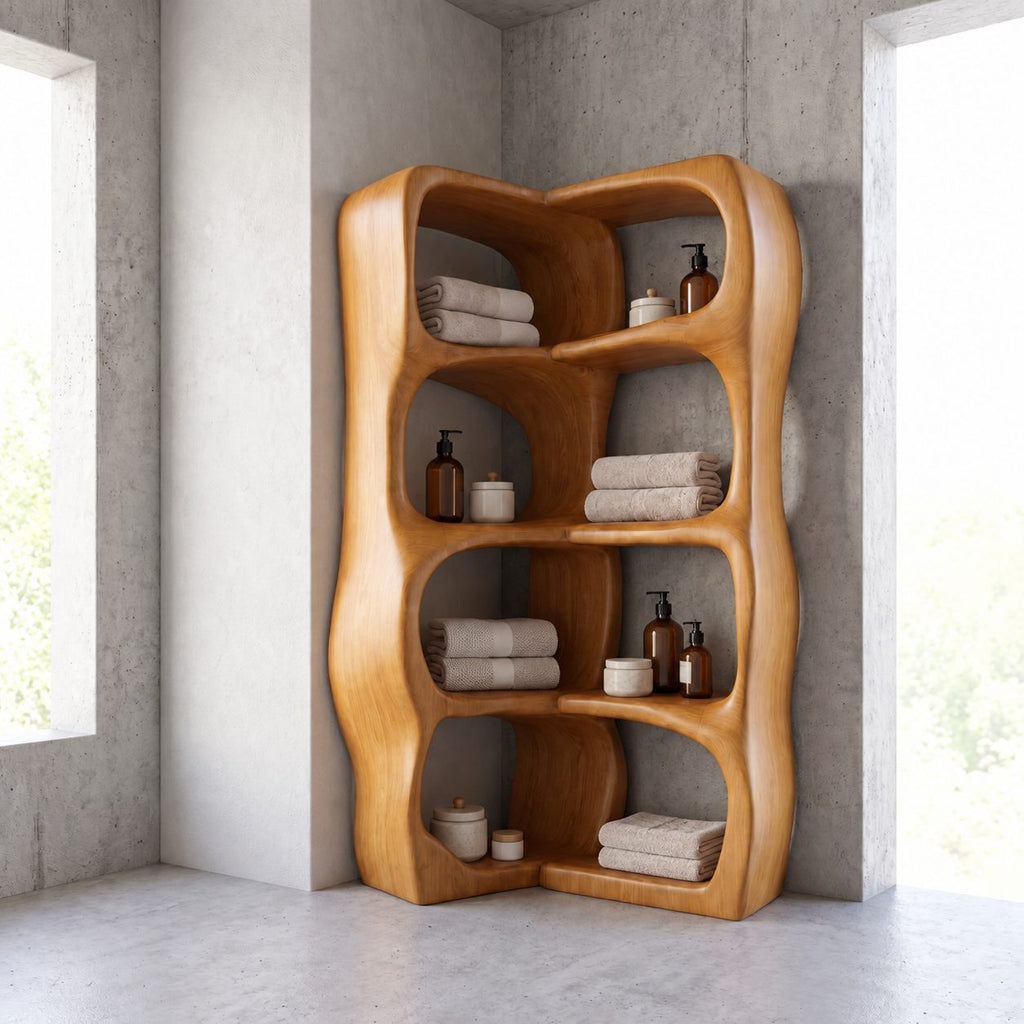 L-Shaped Corner Bathroom Shelf, Sculptural Wavy Solid Wood Freestanding Corner Tower with 4 Tiers