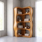 L-Shaped Corner Bathroom Shelf, Sculptural Wavy Solid Wood Freestanding Corner Tower with 4 Tiers