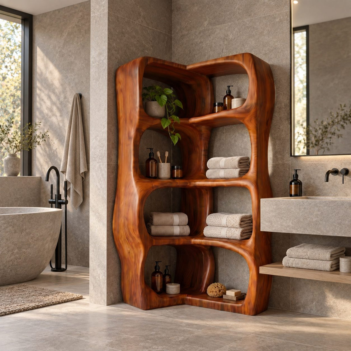 L-Shaped Corner Bathroom Shelf, Sculptural Wavy Solid Wood Freestanding Corner Tower with 4 Tiers