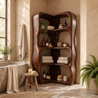 L-Shaped Corner Bathroom Shelf, Sculptural Wavy Solid Wood Freestanding Corner Tower with 4 Tiers