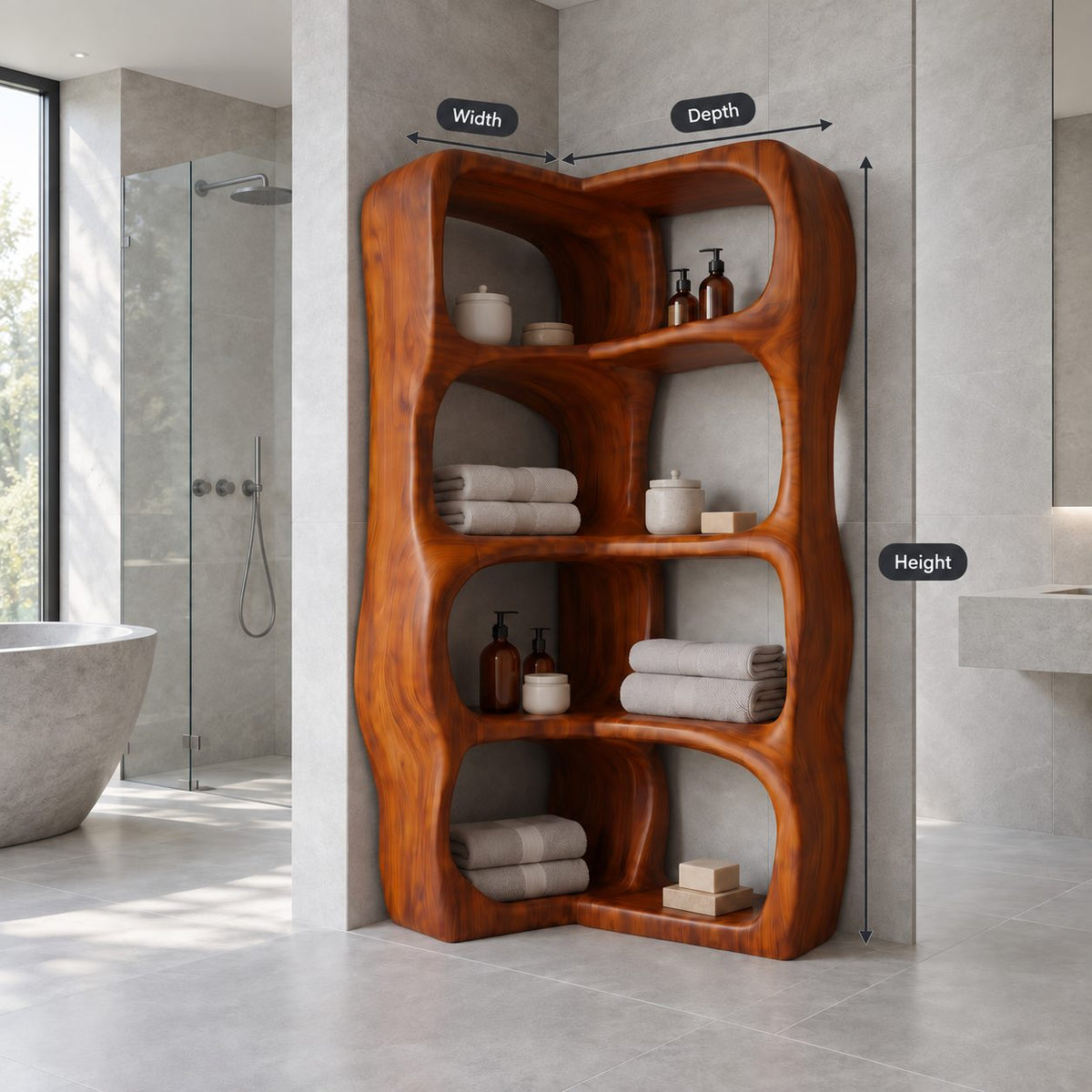 L-Shaped Corner Bathroom Shelf, Sculptural Wavy Solid Wood Freestanding Corner Tower with 4 Tiers
