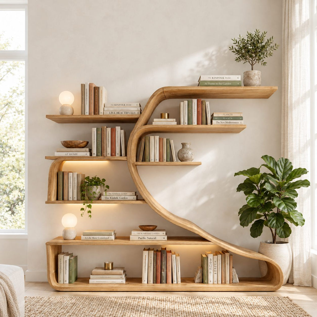Wall Bookshelf with Sweeping S Curve Spine, Large Tree Shape Wood Bookcase for Home Library