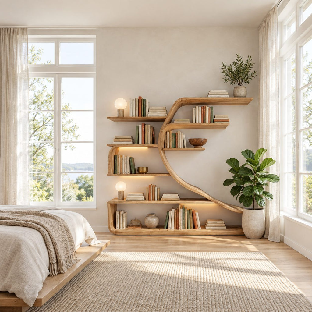 Wall Bookshelf with Sweeping S Curve Spine, Large Tree Shape Wood Bookcase for Home Library