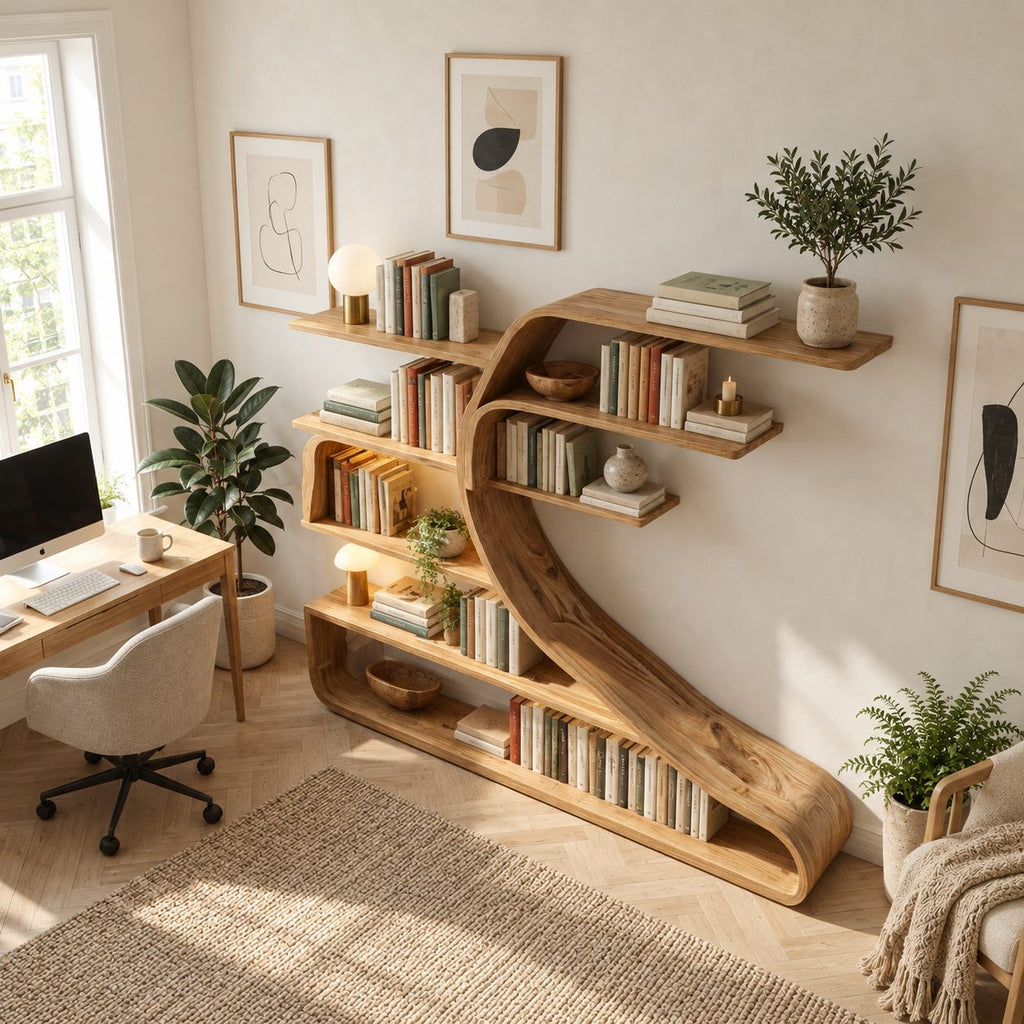Wall Bookshelf with Sweeping S Curve Spine, Large Tree Shape Wood Bookcase for Home Library
