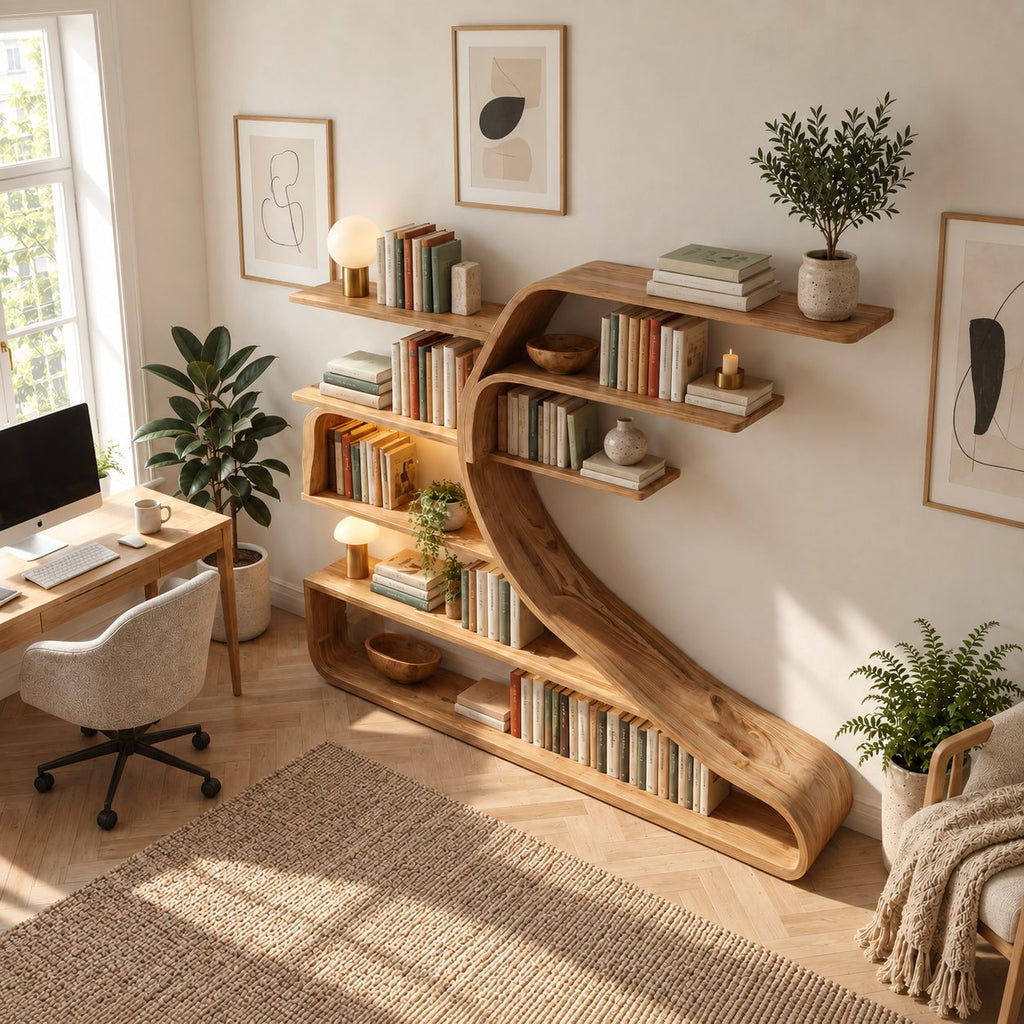 Wall Bookshelf with Sweeping S Curve Spine, Large Tree Shape Wood Bookcase for Home Library