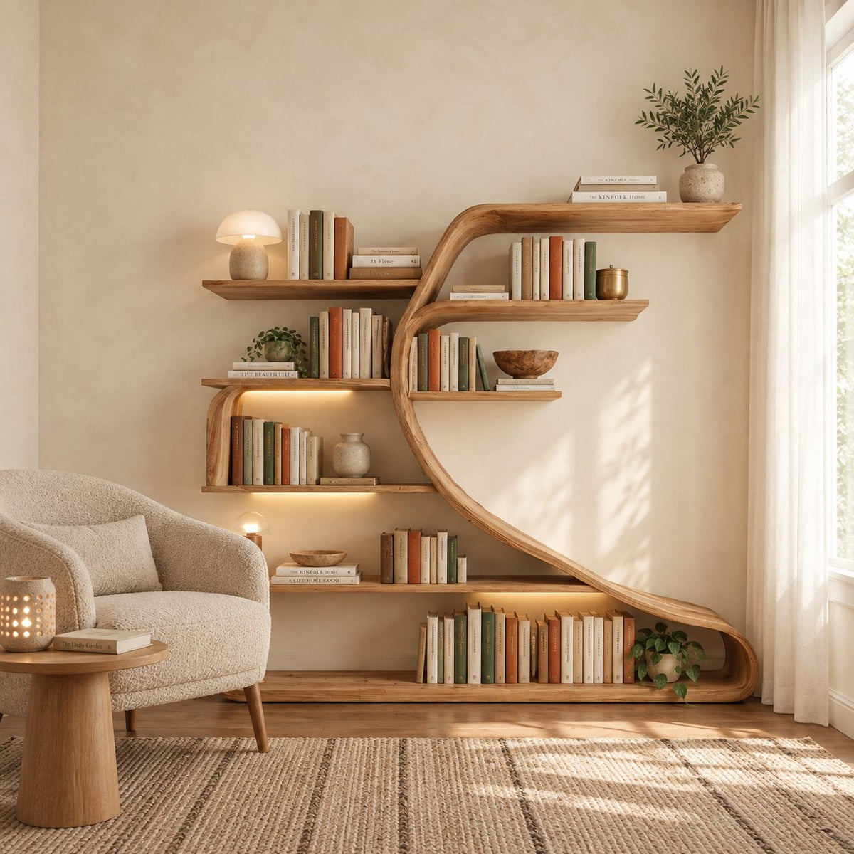 Wall Bookshelf with Sweeping S Curve Spine, Large Tree Shape Wood Bookcase for Home Library